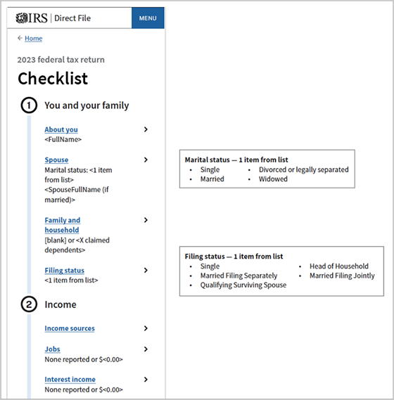 Mock-up of the Checklist, showing conditional content that goes under each subsection
