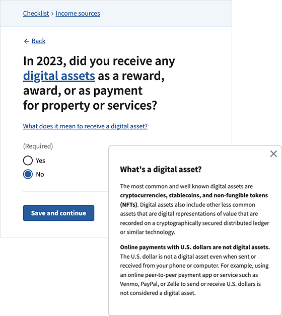 Question screen about digital assets, with a link to a modal that defines digital assets in plain language