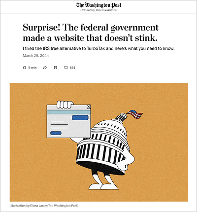 Article from the Washington Post with the headline: Surprise! The federal government made a website that doesn't stink.