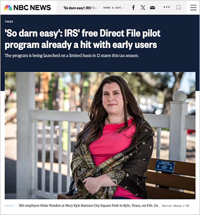 Article from NBC News with the headline: 'So darn easy': IRS' free Direct File pilot program already a hit with early users