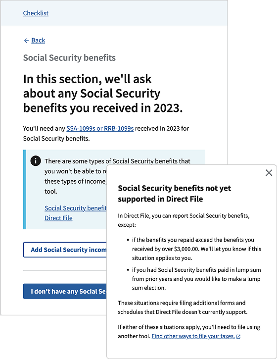 Introduction to the Social Security benefits section, with a prominent link to a modal detailing what situations aren't supported