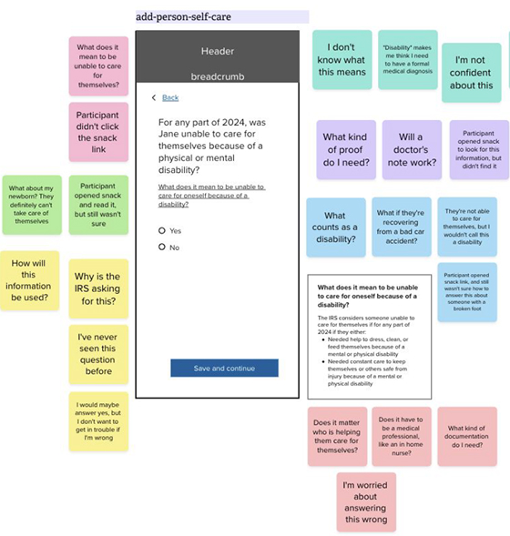Wireframe with 20+ notes from user testing, identifying that many participants were confused about the wording of the question.