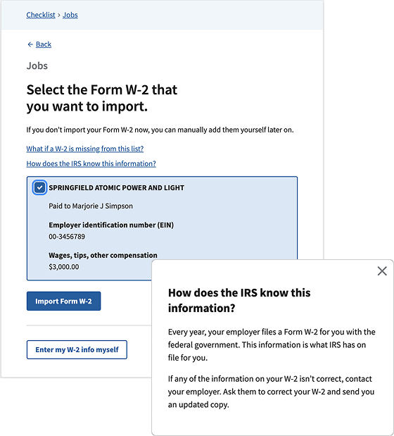 Screen offering to import Forms W-2, with a modal explaining how the IRS knows this information