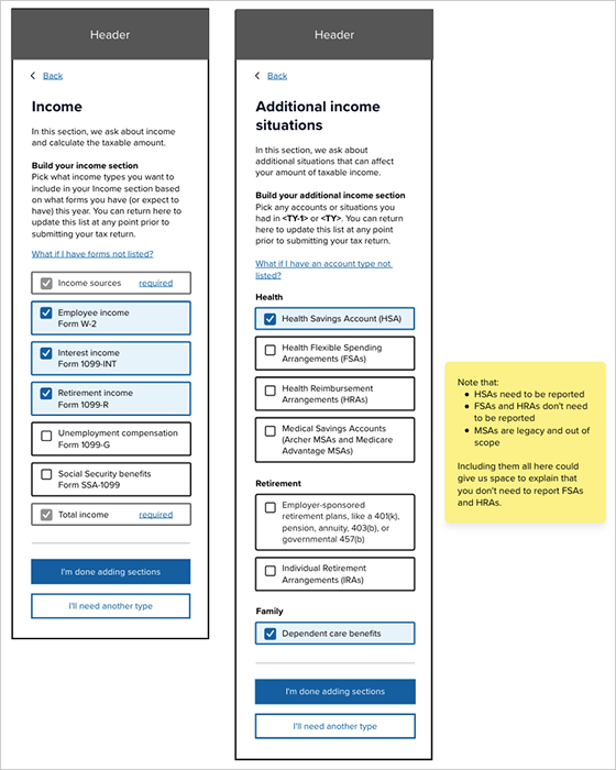 Mock-up of builder screens for Income and Additional income situations, which have the user select which income types and accounts they have