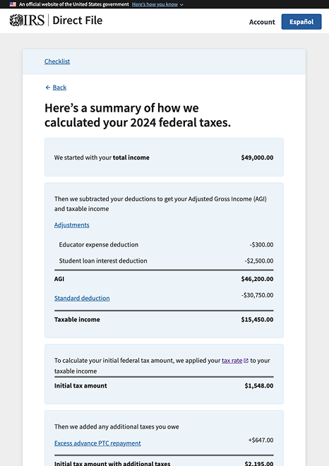 Math screen breaking down how Direct File calculated user's 2024 federal taxes