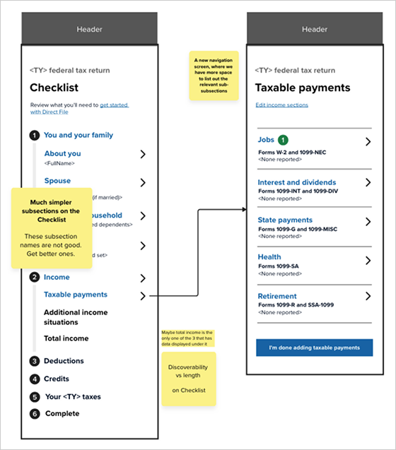 Mock-up of revised Checklist, showing just Taxable payments and Additional income situations, plus a new sub-page that breaks down Taxable payments