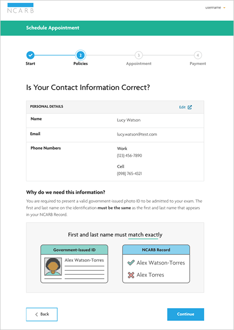 Screen to review contact information, with context that the name in your NCARB record needs to exactly match the name on your government-issued ID that you bring to the exam