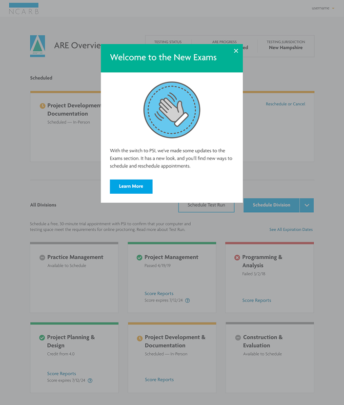 New exam dashboard with welcome modal
