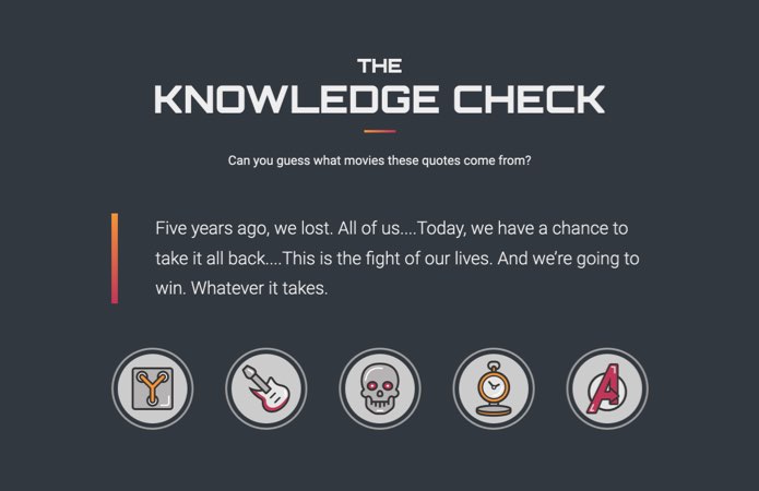 Knowledge check asking the viewer to guess what movie a quote came from. Quote is: 'Then I saw it. I saw a mom who would die for her son. A man who would kill for his wife. A boy, angry and alone. Laid out in front of him, the bad path. I saw it. And the path was a circle. Round and round. So I changed it.'